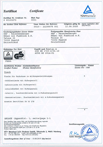 TÜV Tischsysteme Zertifikat